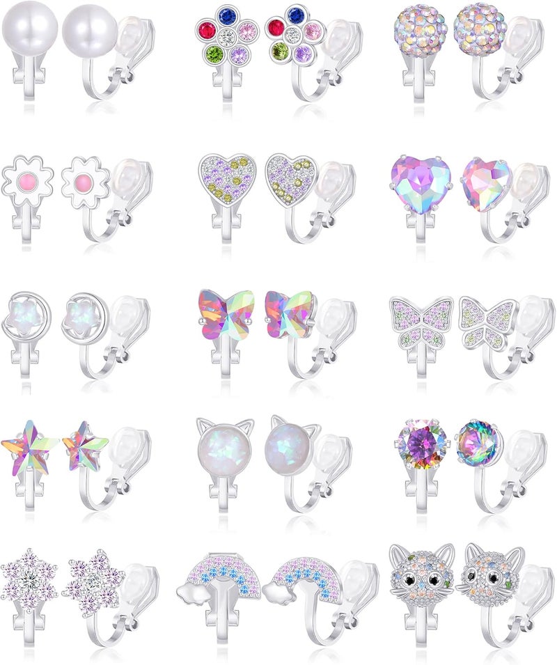 Tornito 10-15 Pairs Clip on Stud Earrings Non Pierced Teardrop Round Square CZ Pearl Twist Knot Flower Butterfly Heart Star Rainbow Cat Opal Clip on Earrings for Women - Image 1